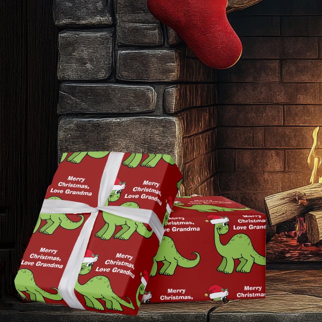 Red Christmas Kids Dinosaur Cute Personalized  Wrapping Paper (Creator Uploaded)