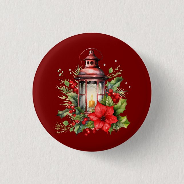 Red Christmas Lantern Poinsettia and Pine 1 Inch Round Button (Front)