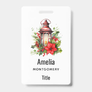 Red Christmas Lantern Poinsettia and Pine Badge