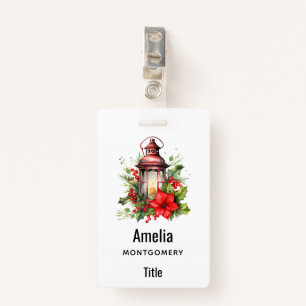 Red Christmas Lantern Poinsettia and Pine Badge