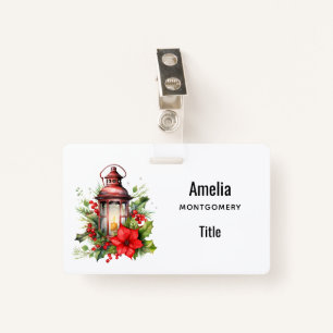 Red Christmas Lantern Poinsettia and Pine Badge
