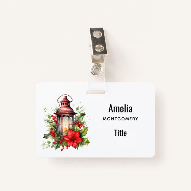 Red Christmas Lantern Poinsettia and Pine Badge (Front with Clip)
