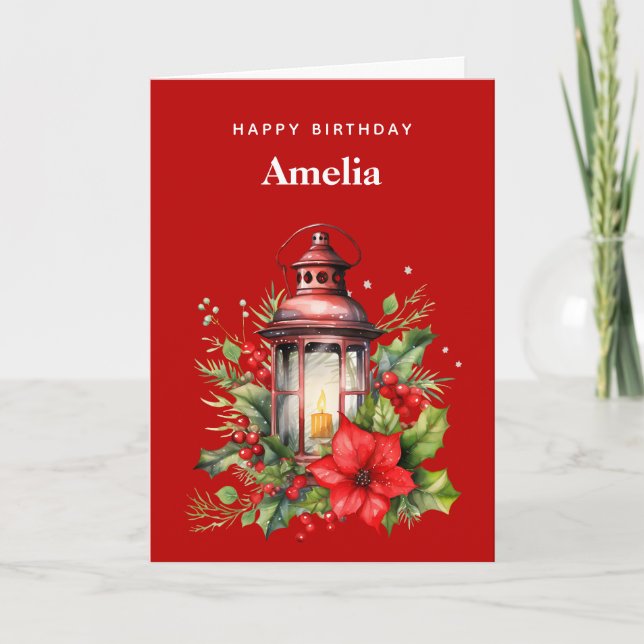 Red Christmas Lantern Poinsettia and Pine Birthday Card (Front)
