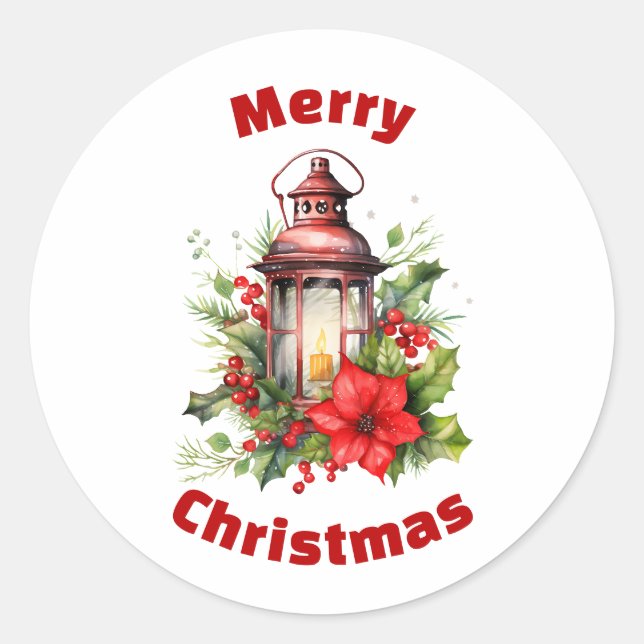 Red Christmas Lantern Poinsettia and Pine Classic Round Sticker (Front)