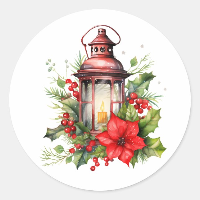 Red Christmas Lantern Poinsettia and Pine Classic Round Sticker (Front)