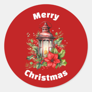 Red Christmas Lantern Poinsettia and Pine Classic Round Sticker