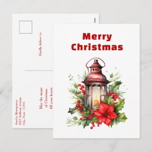 Red Christmas Lantern Poinsettia and Pine Holiday Postcard