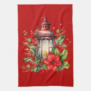 Red Christmas Lantern Poinsettia and Pine Kitchen Towel