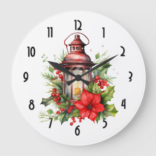 Red Christmas Lantern Poinsettia and Pine Large Clock