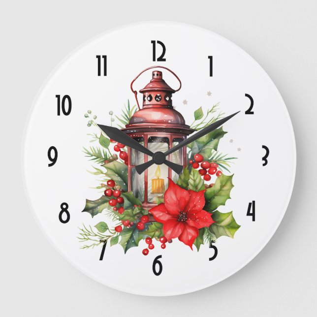Red Christmas Lantern Poinsettia and Pine Large Clock (Front)