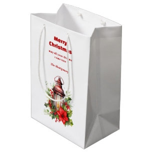 Red Christmas Lantern Poinsettia and Pine Medium Gift Bag