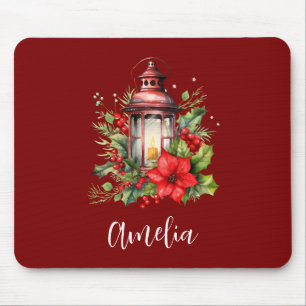 Red Christmas Lantern Poinsettia and Pine Mouse Pad