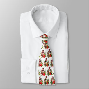 Red Christmas Lantern Poinsettia and Pine Pattern Tie
