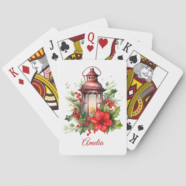  Red Christmas Lantern Poinsettia and Pine Playing Cards (Back)