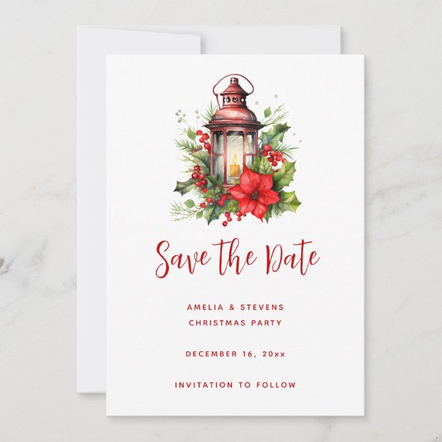 Red Christmas Lantern Poinsettia and Pine Save The Date (Front)