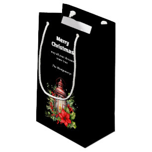 Red Christmas Lantern Poinsettia and Pine Small Gift Bag