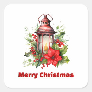 Red Christmas Lantern Poinsettia and Pine Square Sticker