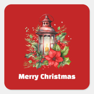Red Christmas Lantern Poinsettia and Pine Square Sticker