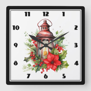 Red Christmas Lantern Poinsettia and Pine Square Wall Clock