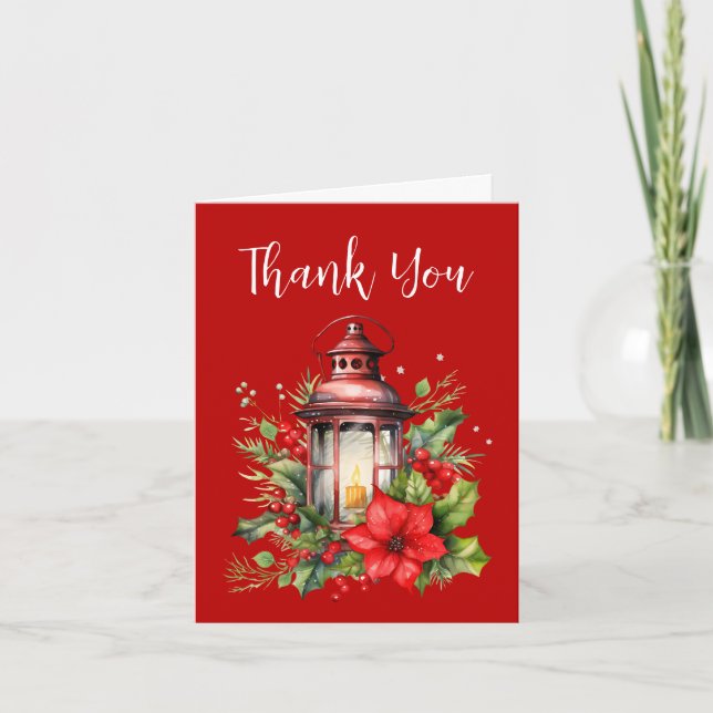 Red Christmas Lantern Poinsettia and Pine Thank You Card (Front)