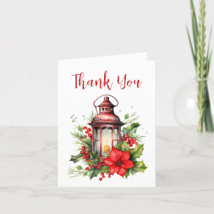 Red Christmas Lantern Poinsettia and Pine Thank You Card