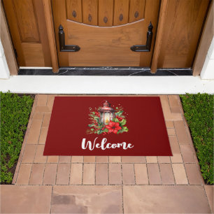 Red Christmas Lantern Poinsettia and Pine Welcome Doormat