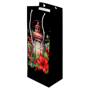 Red Christmas Lantern Poinsettia and Pine Wine Gift Bag