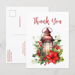 Red Christmas Lantern Poinsettia Thank You Postcard