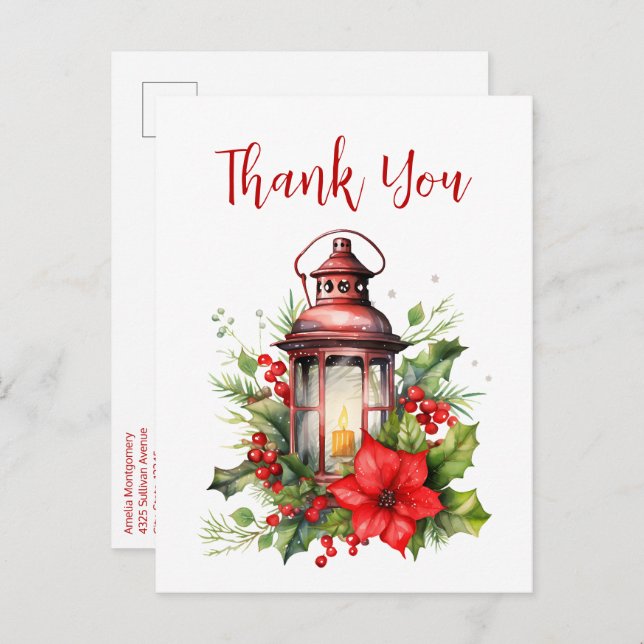 Red Christmas Lantern Poinsettia Thank You Postcard (Front/Back)