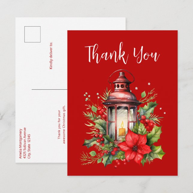 Red Christmas Lantern Poinsettia Thank You Postcard (Front/Back)