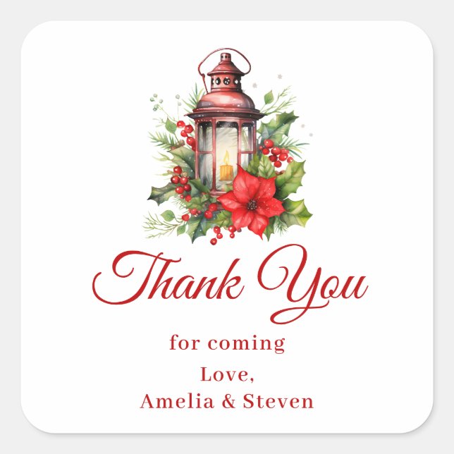 Red Christmas Lantern Poinsettia Thank You Square Sticker (Front)