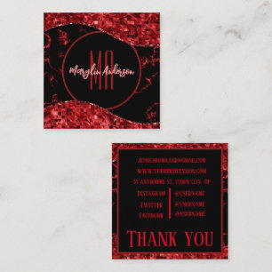 RED CHRISTMAS MARBLE AND SHIMMER CUSTOM MONOGRAM SQUARE BUSINESS CARD