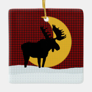 Red Christmas Moose and Moon Ceramic Ornament