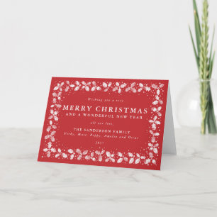 Red Christmas + New Year Holly Border Non Photo Holiday Card