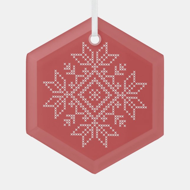 Red christmas nordic snowflake art seasonal  glass ornament (Front)