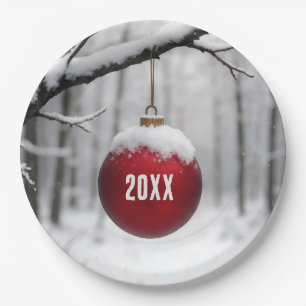 Red Christmas Ornament On Snowy Branch Paper Plate
