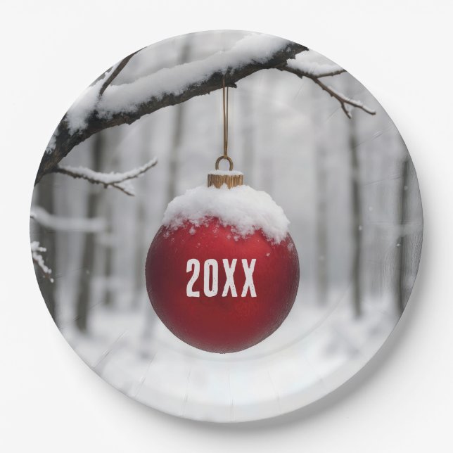 Red Christmas Ornament On Snowy Branch Paper Plate (Front)