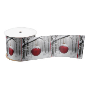 Red Christmas Ornament On Snowy Branch Satin Ribbon