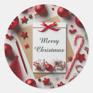 Red Christmas ornaments and seasonal greetings Classic Round Sticker