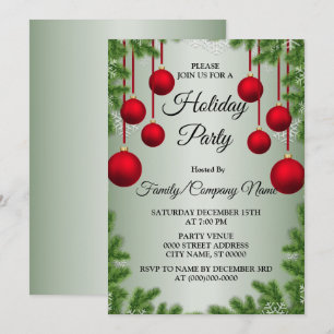 Red Christmas Ornaments Green Holidays Party Invitation