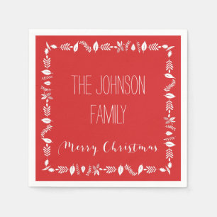 Red Christmas Paper Napkins White Leaves Decor