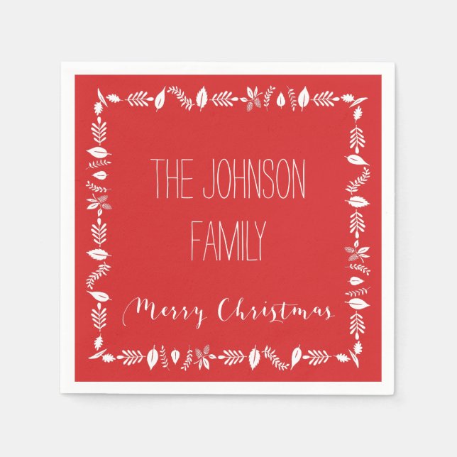 Red Christmas Paper Napkins White Leaves Decor (Front)