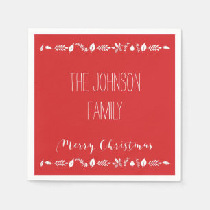 Red Christmas Paper Napkins With White Leaves