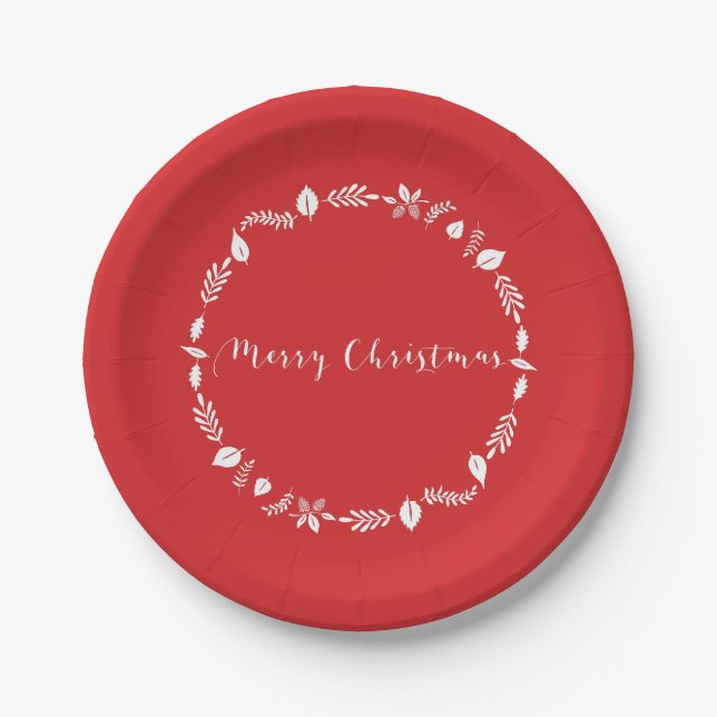 Red Christmas Paper Plates With White Decor (Front)