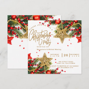 Red CHRISTMAS PARTY gold Snowflakes Tree Sparkle Invitation