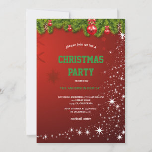 Red CHRISTMAS PARTY red Ornaments and Snowflakes Invitation