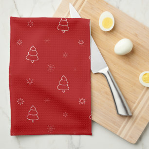 Red Christmas Pattern.Festive Trees and Snowflakes Kitchen Towel