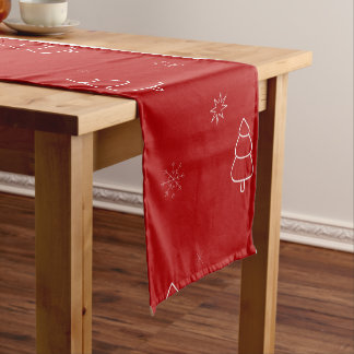 Red Christmas Pattern.Festive Trees and Snowflakes Short Table Runner