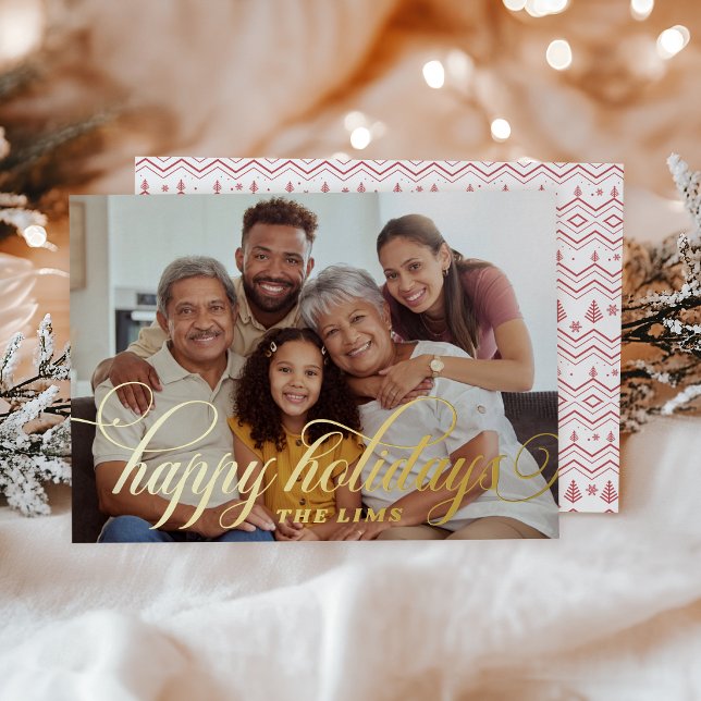 Red Christmas Pattern Simple Script Foil Holiday Card (Creator Uploaded)