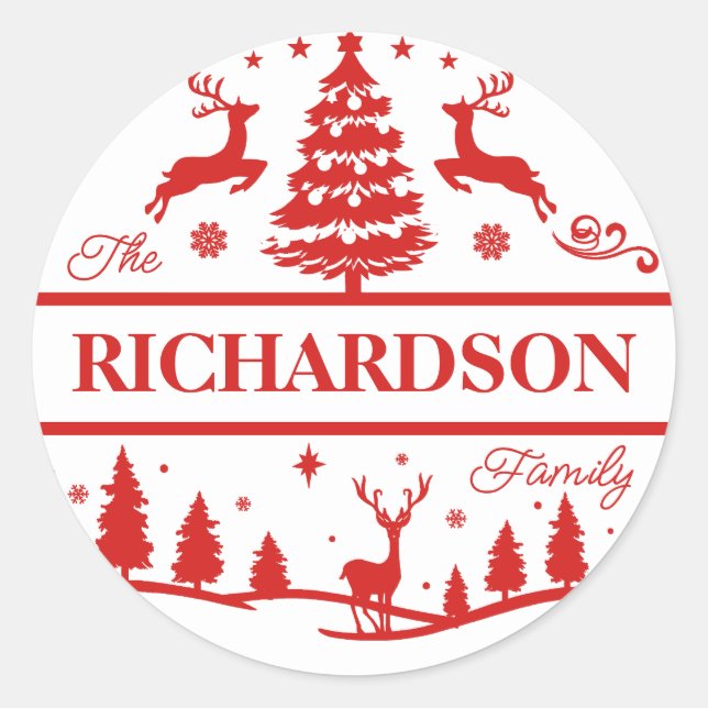 Red Christmas Personalized Family Name | Holiday Classic Round Sticker (Front)